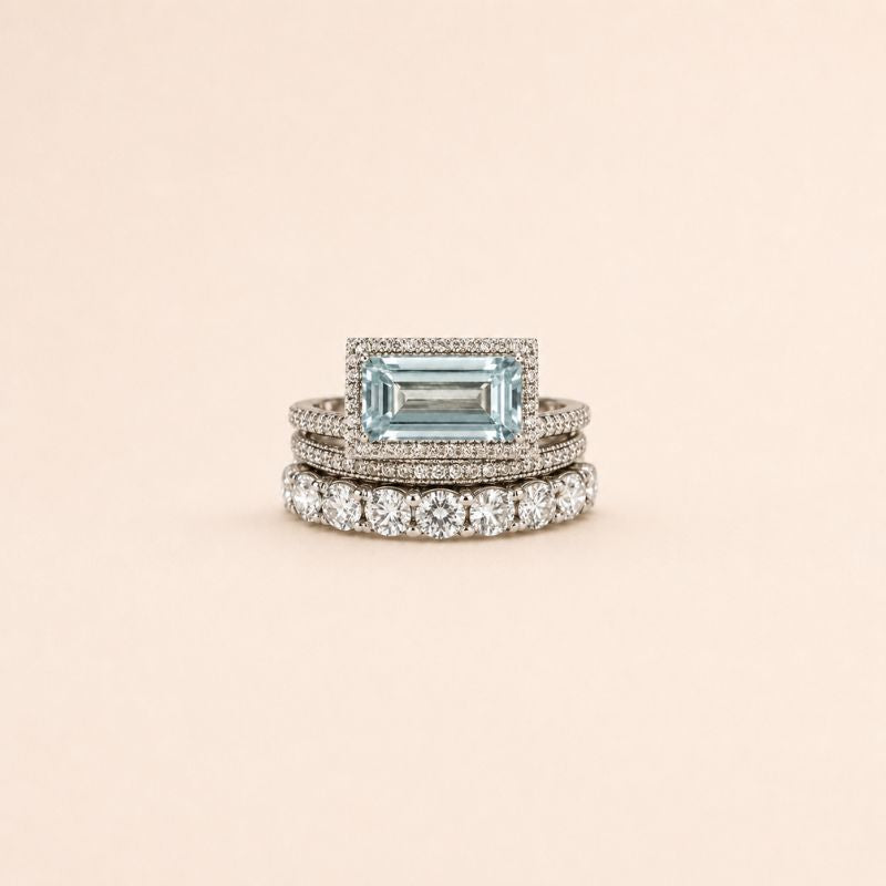 Aquamarine Halo Ring Set