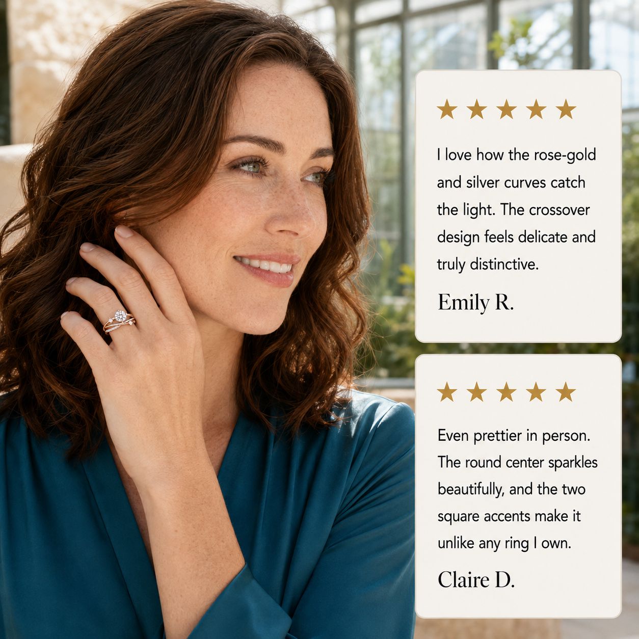 Round Cut Crystal Bypass Ring – Rose Gold Tone Vine Band