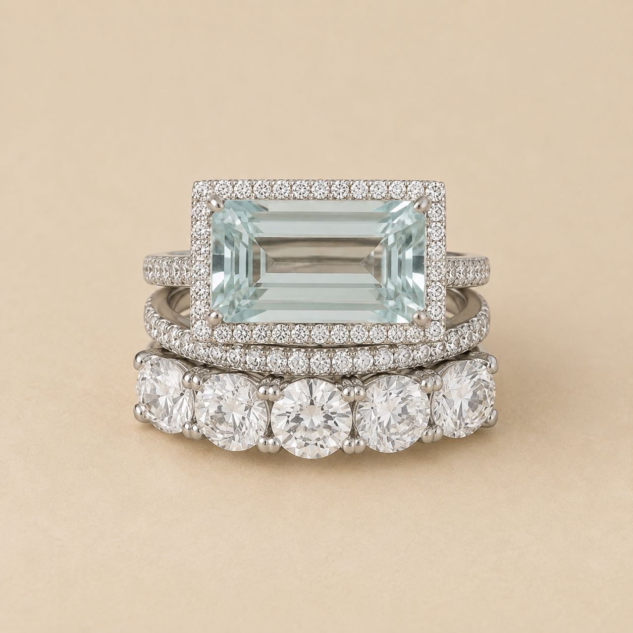 Pale Blue Emerald Cut Halo Bridal Ring Set – Silver Tone