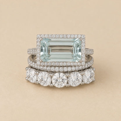 Pale Blue Emerald Cut Halo Bridal Ring Set – Silver Tone