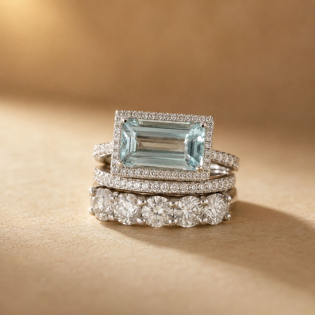 Pale Blue Emerald Cut Halo Bridal Ring Set – Silver Tone