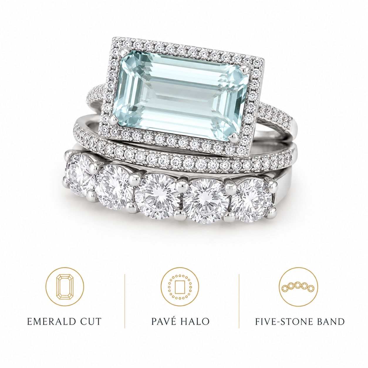 Pale Blue Emerald Cut Halo Bridal Ring Set – Silver Tone