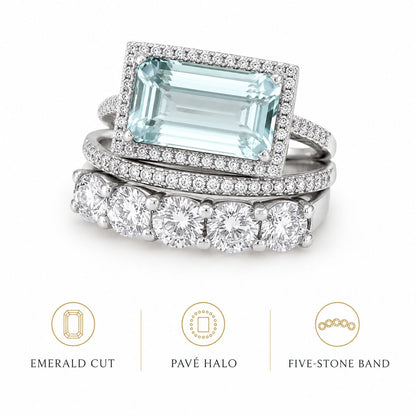Pale Blue Emerald Cut Halo Bridal Ring Set – Silver Tone