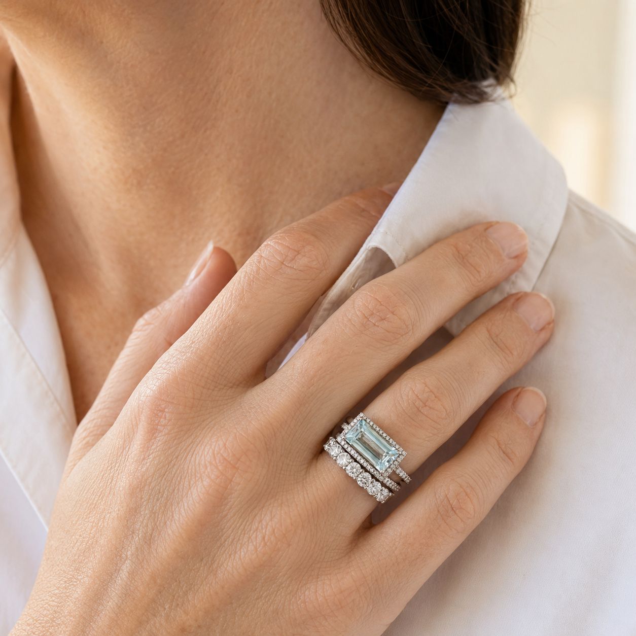 Pale Blue Emerald Cut Halo Bridal Ring Set – Silver Tone