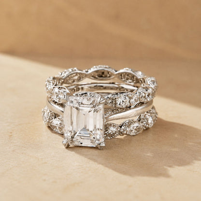 Emerald Cut Crystal Leaf Vine Bridal Ring Set