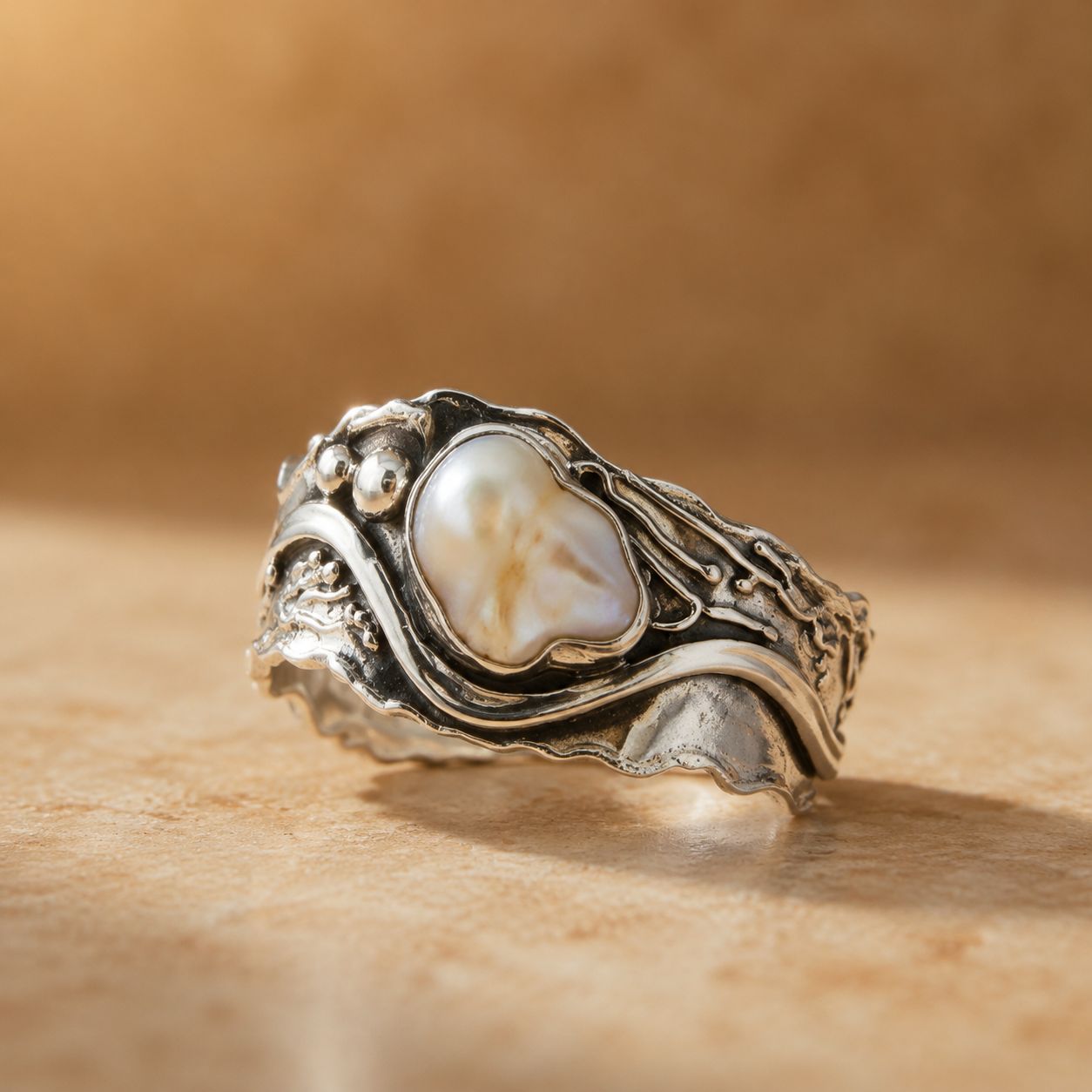 Baroque Pearl Statement Ring – Silver-Tone Organic Wave Band