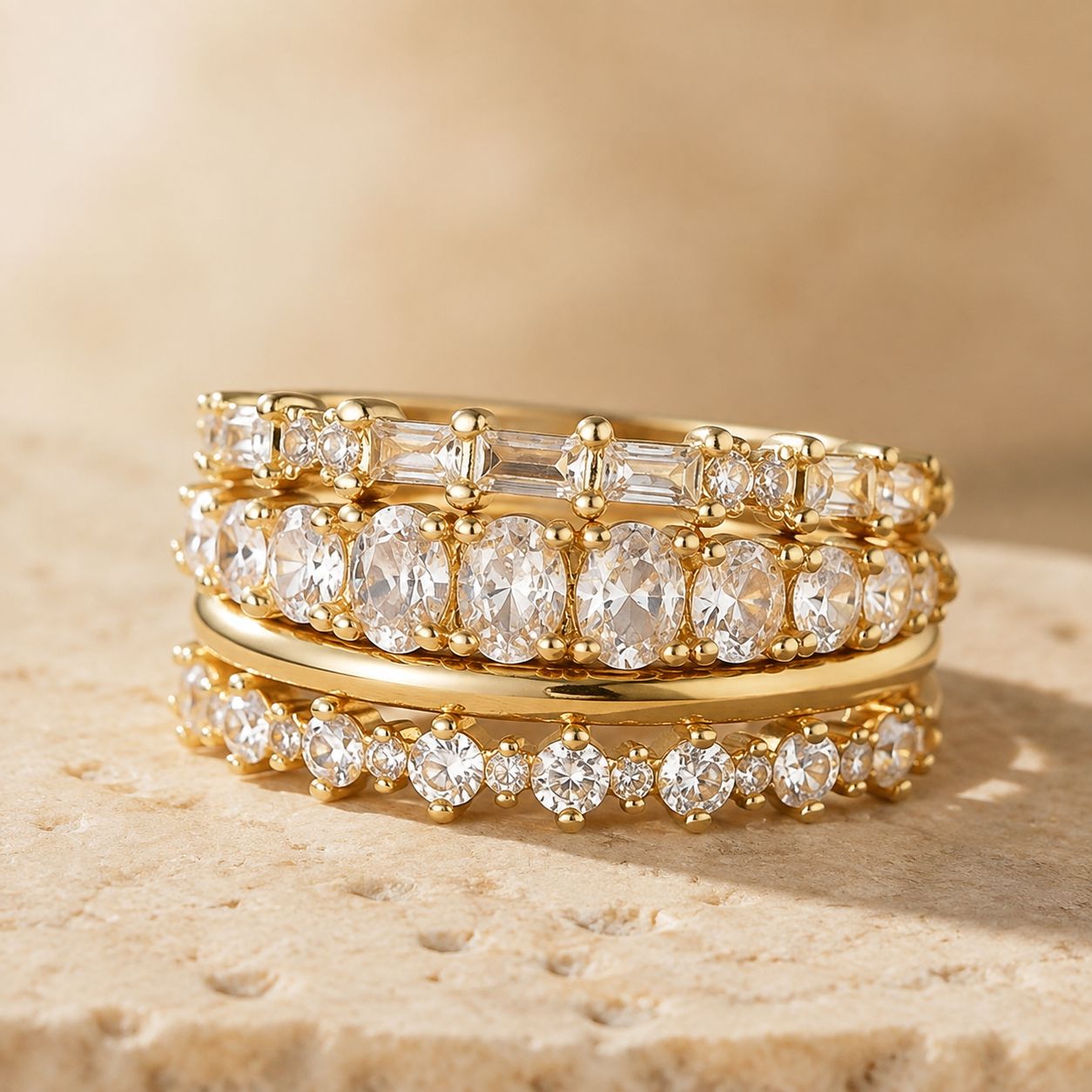 Mixed Cut Crystal Stacking Ring Set – Gold Tone
