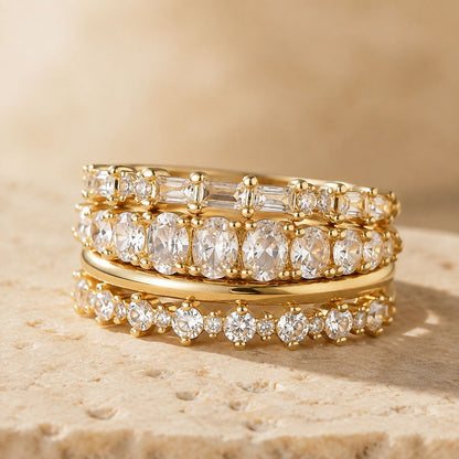 Mixed Cut Crystal Stacking Ring Set – Gold Tone