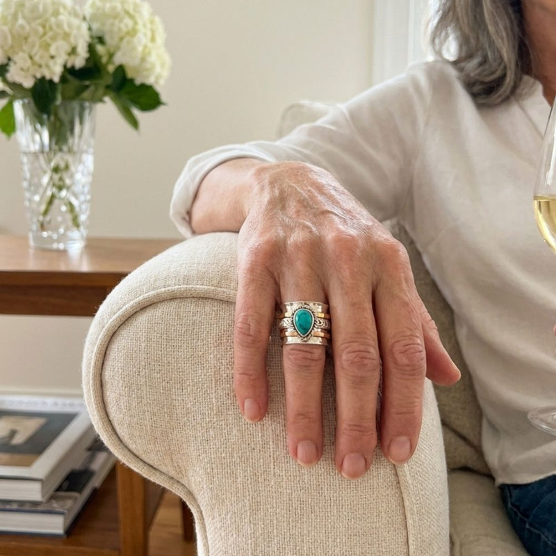 Vintage Turquoise Inlaid Stone Gold & Silver Ring