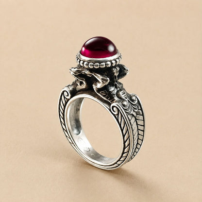 Red Cabochon Elephant Statement Ring – Silver Tone