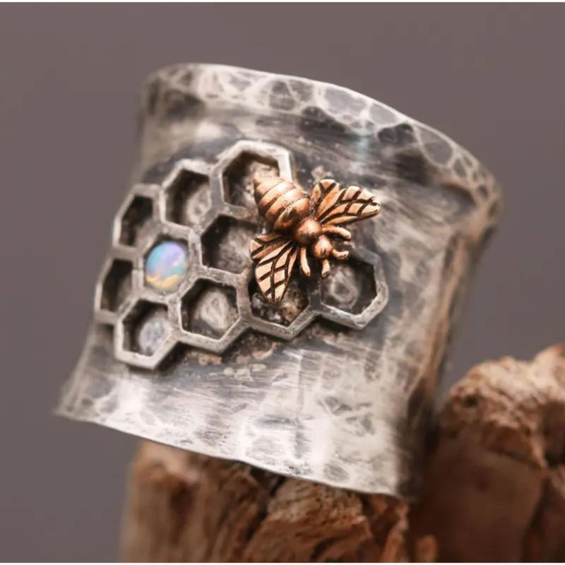 Vintage Bee Sterling Silver Opal Ring