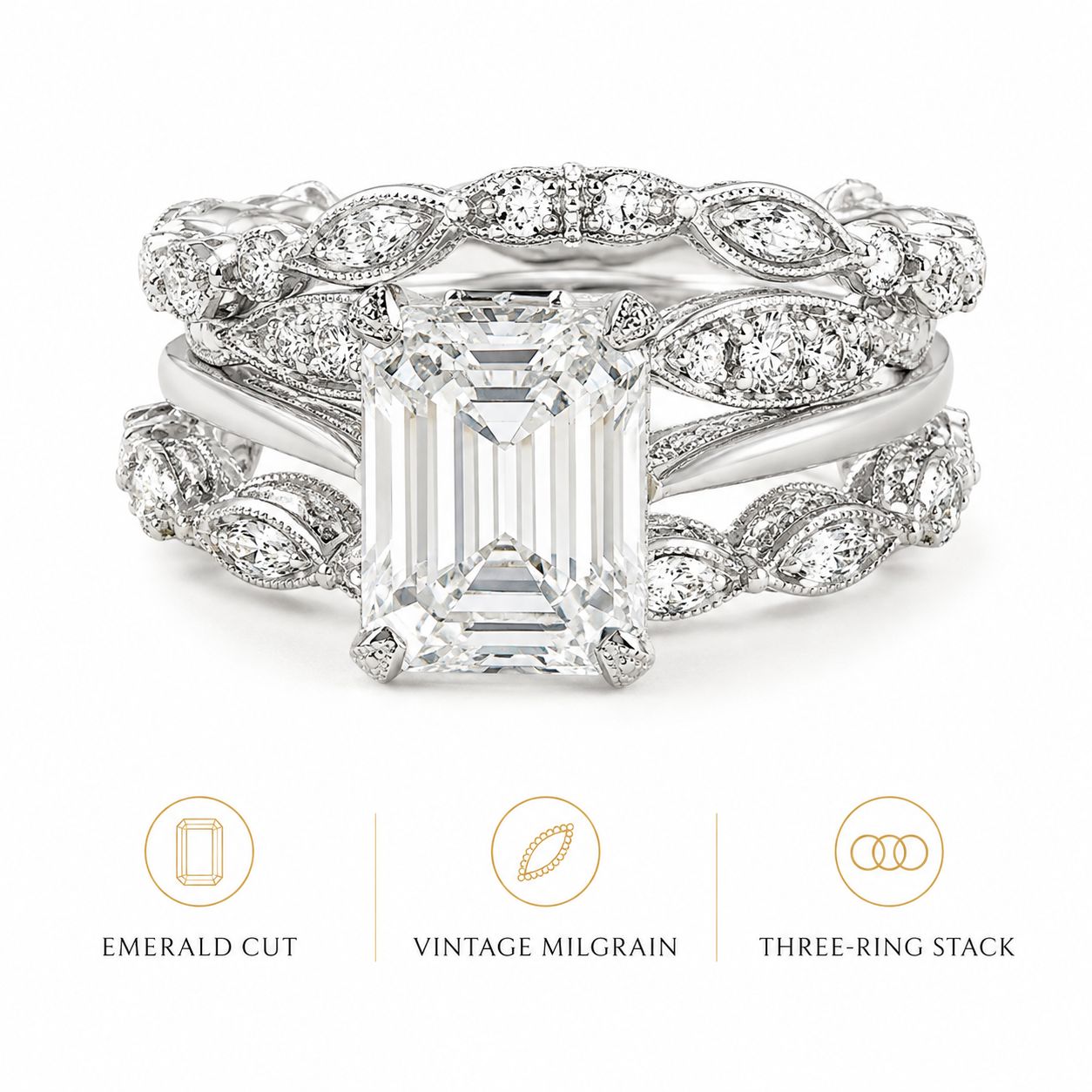 Emerald Cut Crystal Leaf Vine Bridal Ring Set
