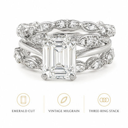 Emerald Cut Crystal Leaf Vine Bridal Ring Set