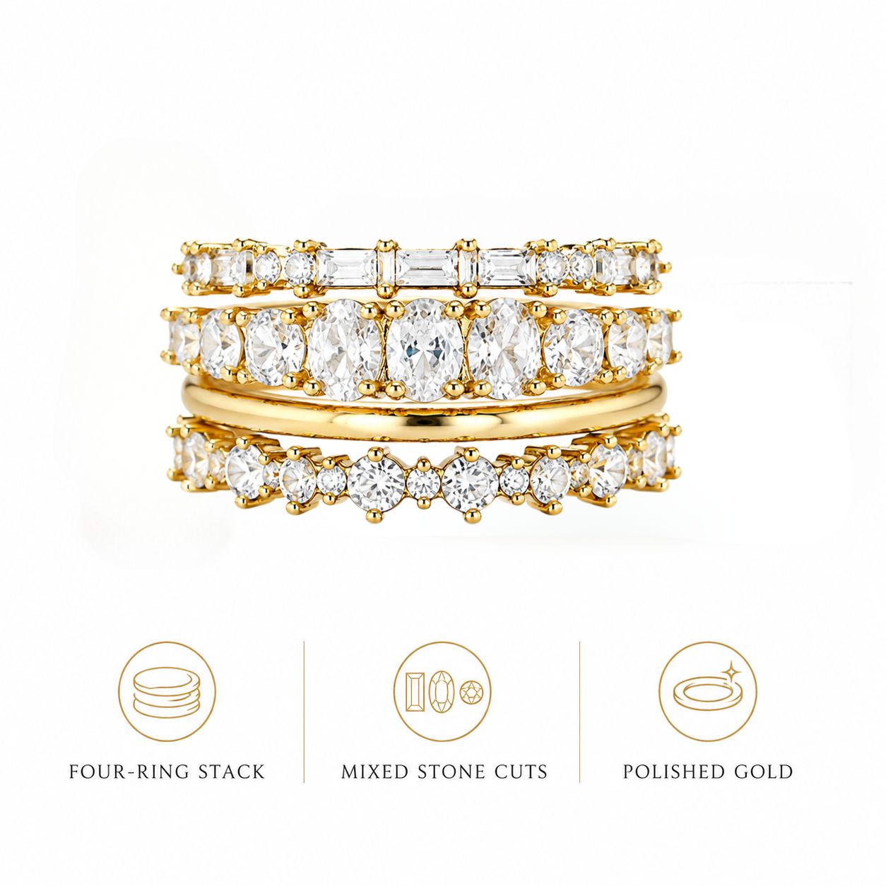 Mixed Cut Crystal Stacking Ring Set – Gold Tone