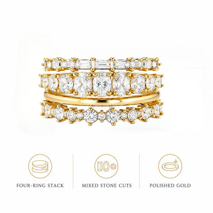 Mixed Cut Crystal Stacking Ring Set – Gold Tone