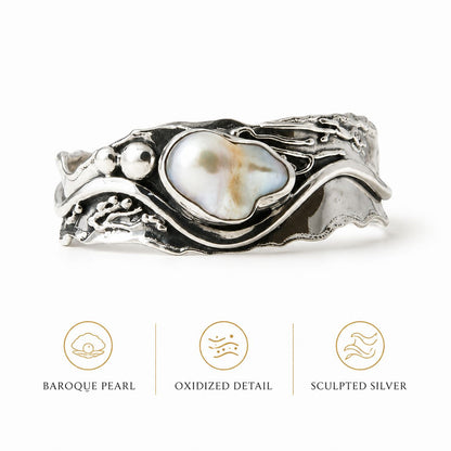 Baroque Pearl Statement Ring – Silver-Tone Organic Wave Band