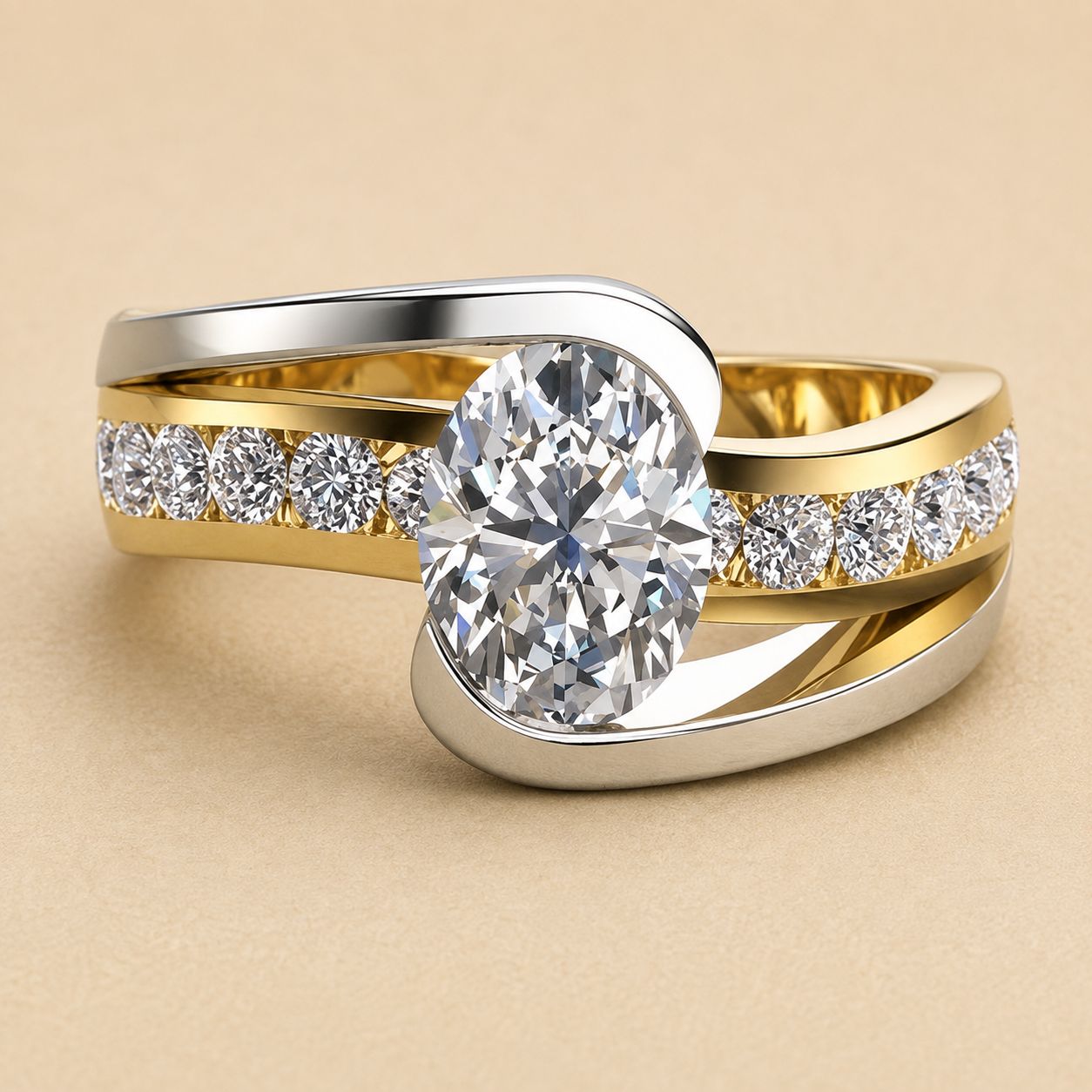 Oval Cut Crystal Two- Tone Bypass Ring