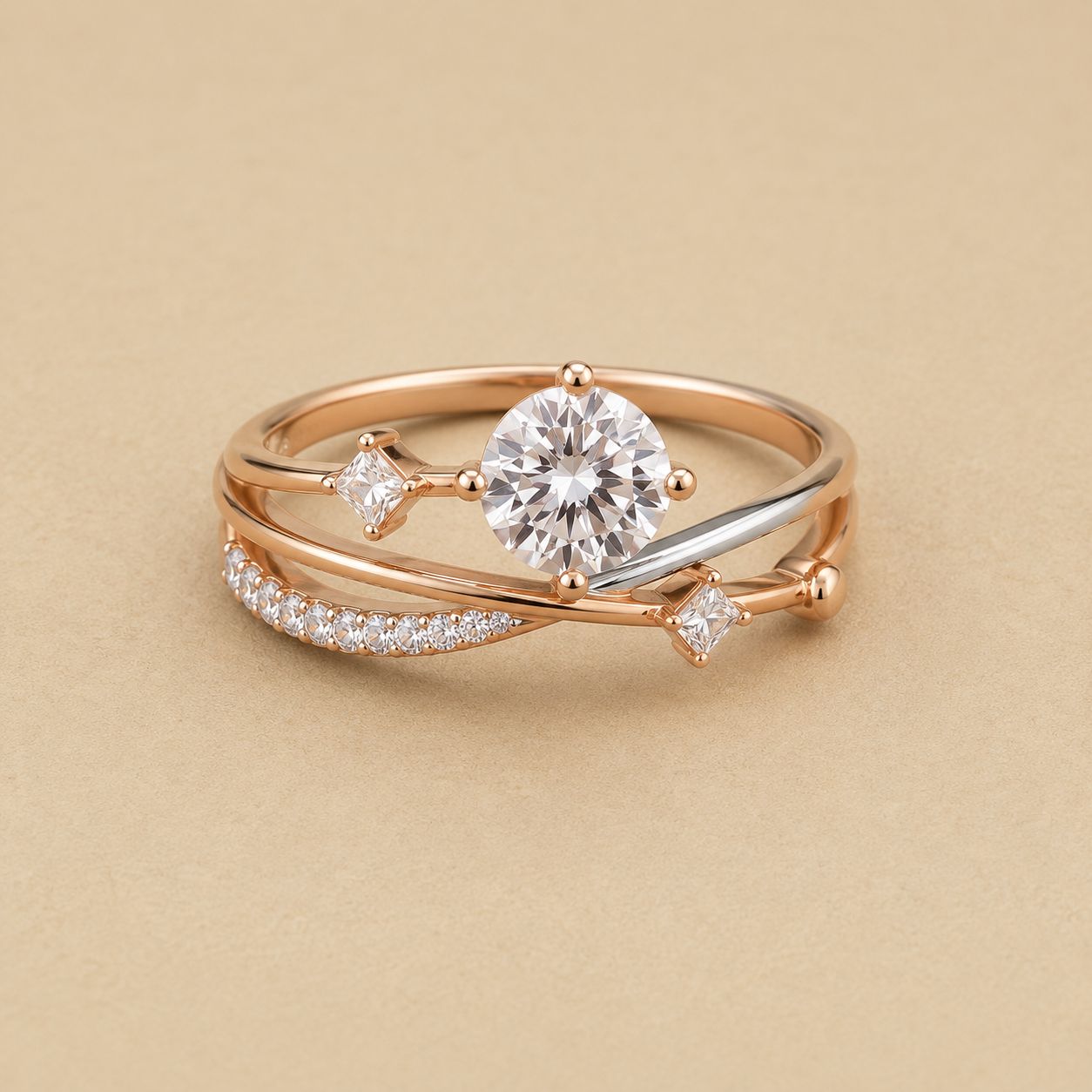 Round Cut Crystal Bypass Ring – Rose Gold Tone Vine Band