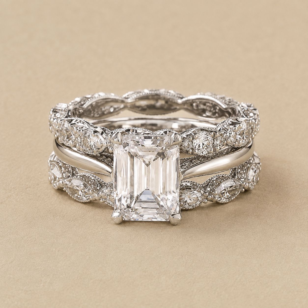 Emerald Cut Crystal Leaf Vine Bridal Ring Set