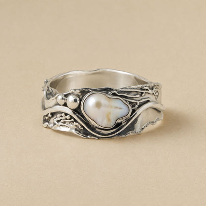 Baroque Pearl Statement Ring – Silver-Tone Organic Wave Band