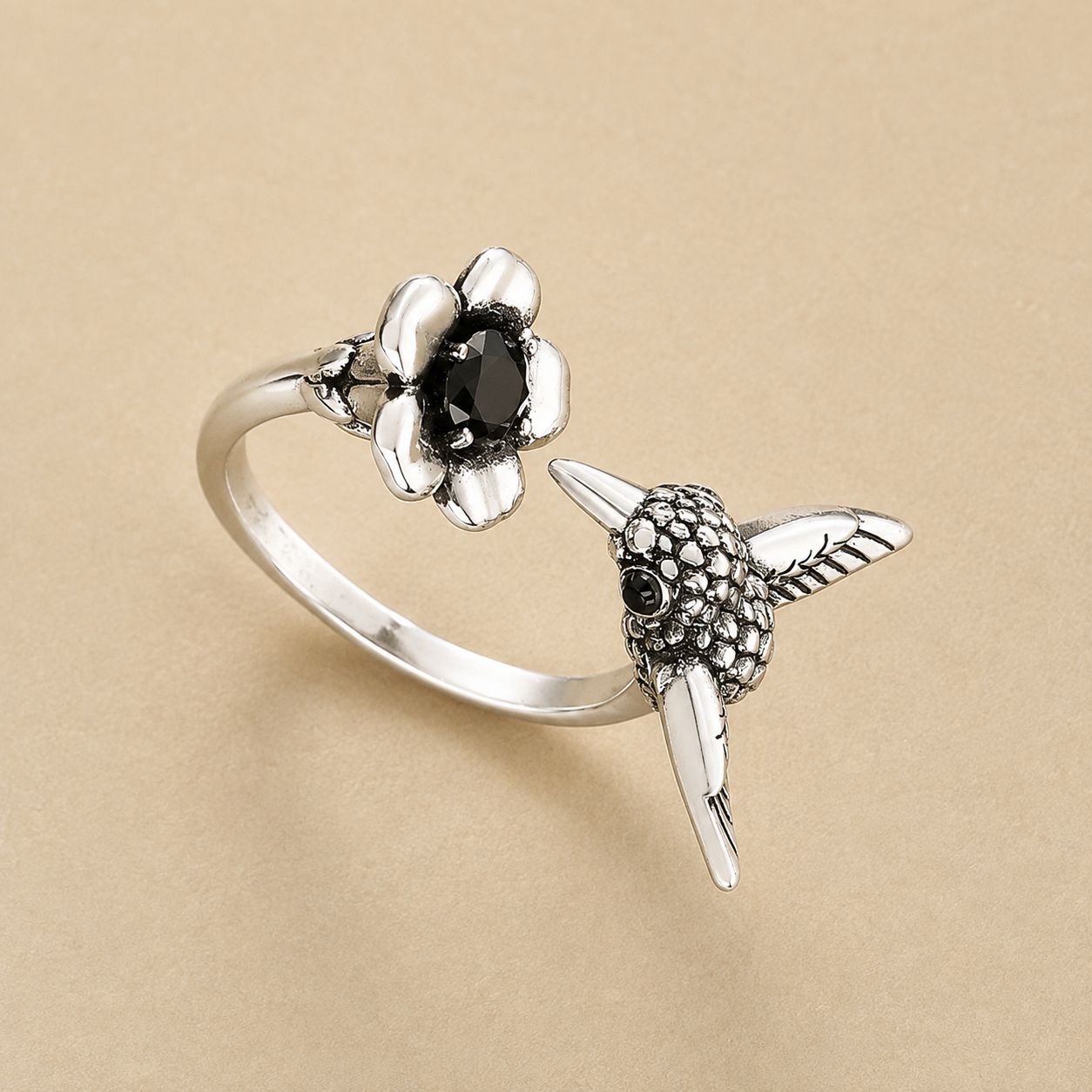 Hummingbird Flower Open Ring – Silver Tone