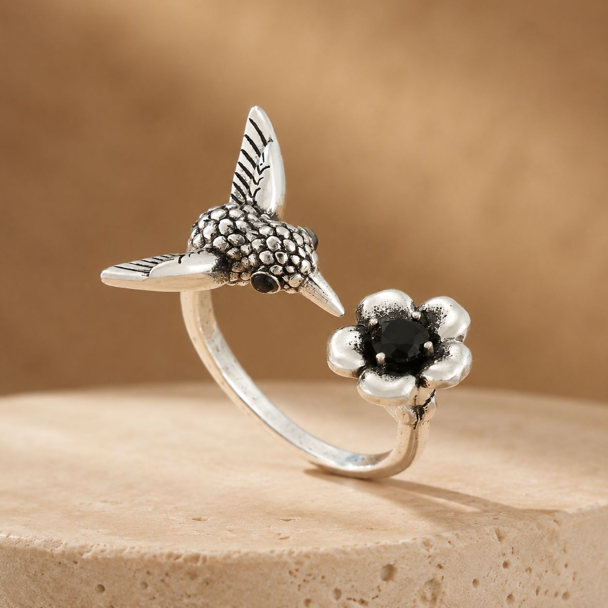Hummingbird Flower Open Ring – Silver Tone