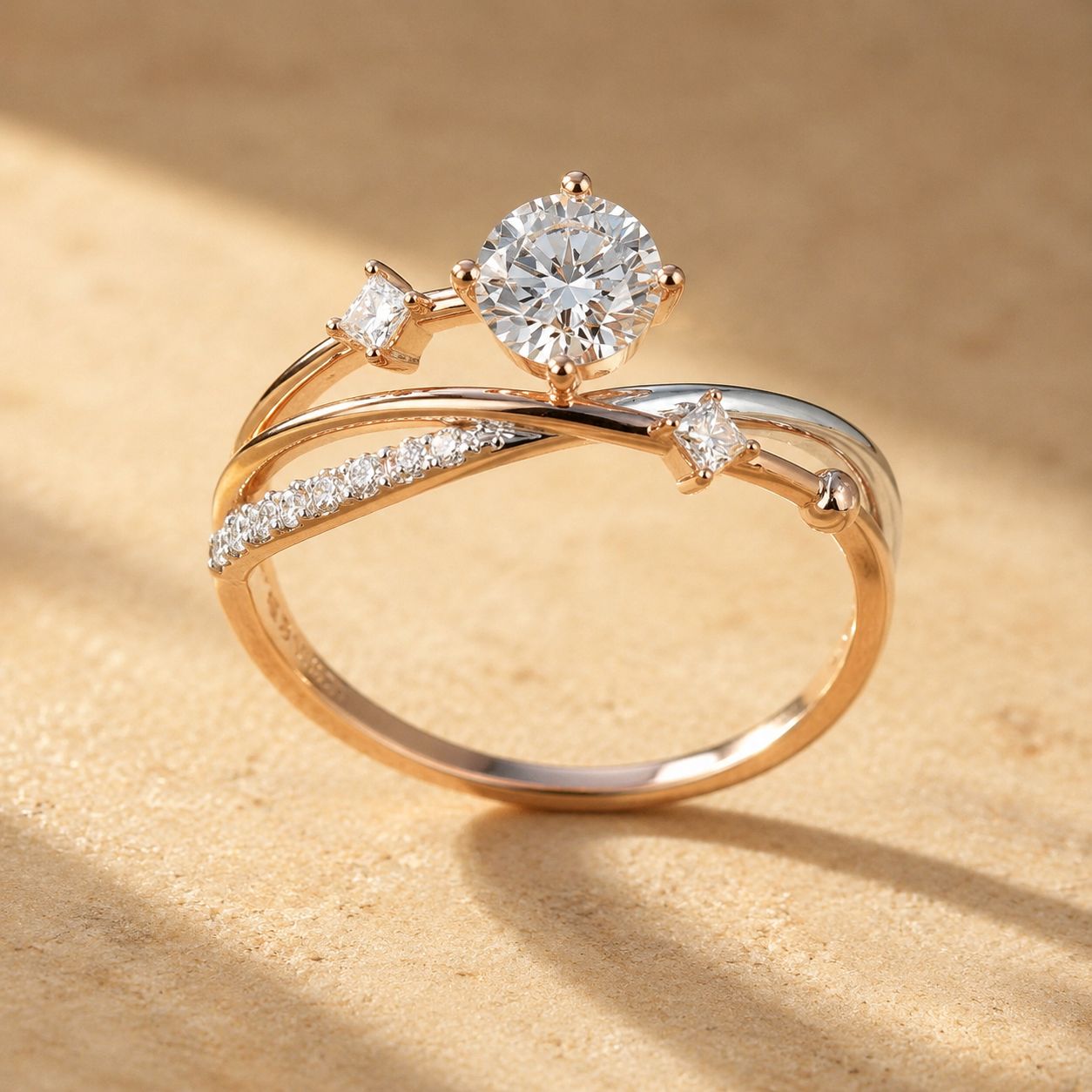 Round Cut Crystal Bypass Ring – Rose Gold Tone Vine Band