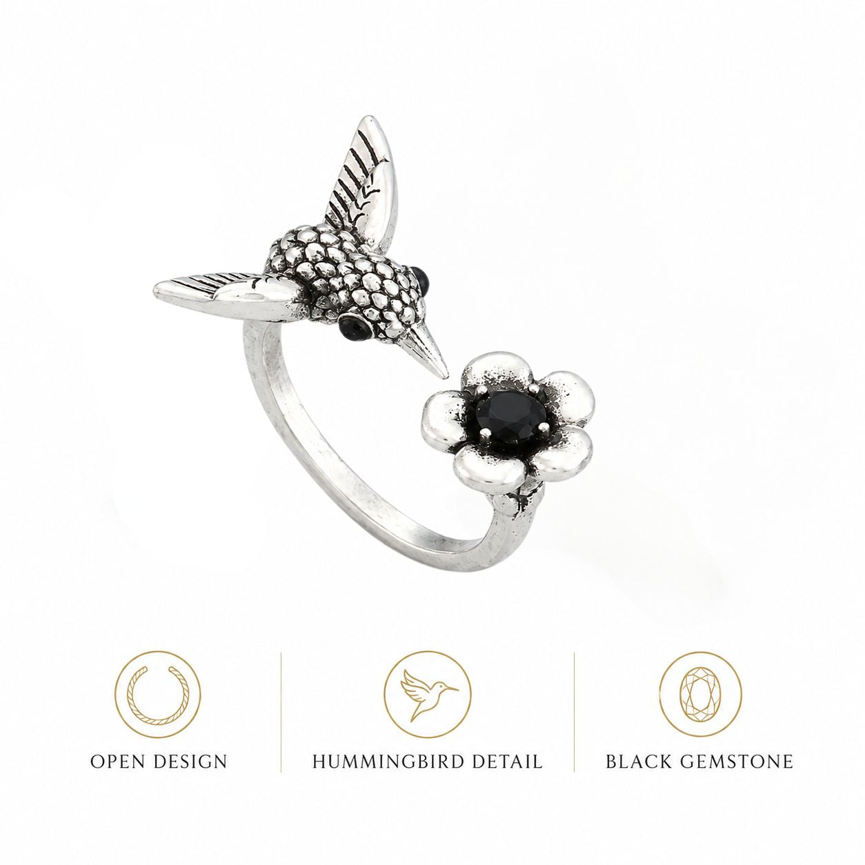 Hummingbird Flower Open Ring – Silver Tone
