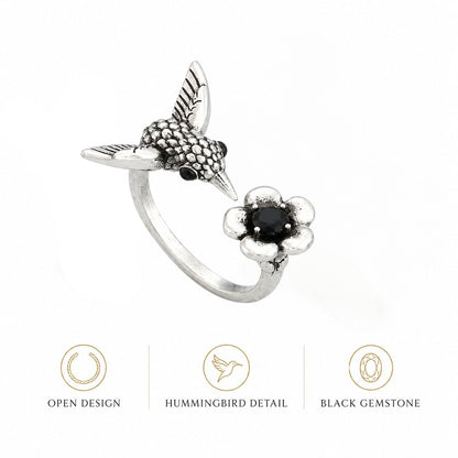 Hummingbird Flower Open Ring – Silver Tone