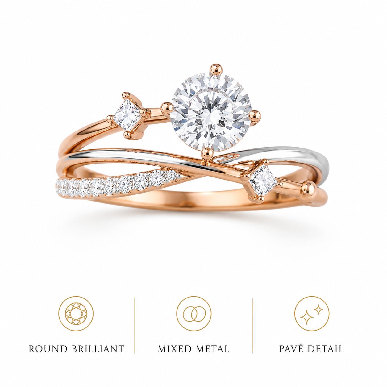 Round Cut Crystal Bypass Ring – Rose Gold Tone Vine Band