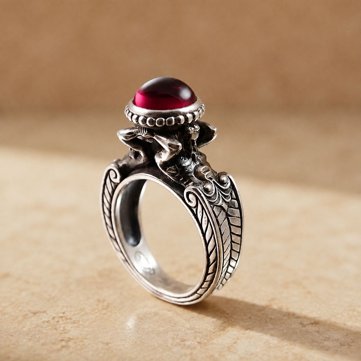 Red Cabochon Elephant Statement Ring – Silver Tone