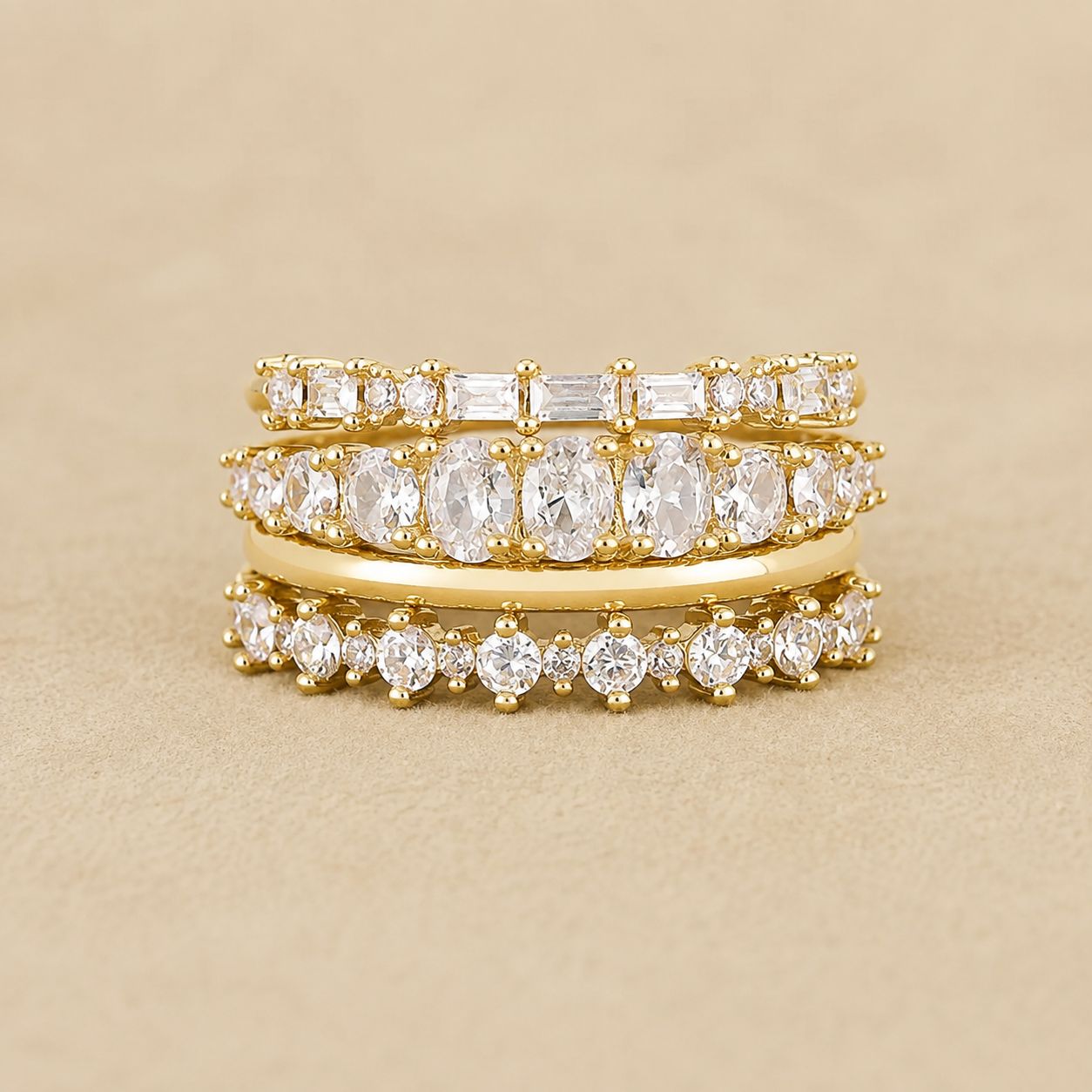 Mixed Cut Crystal Stacking Ring Set – Gold Tone