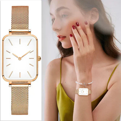 Elegant rectangular women's watch with steel bracelet