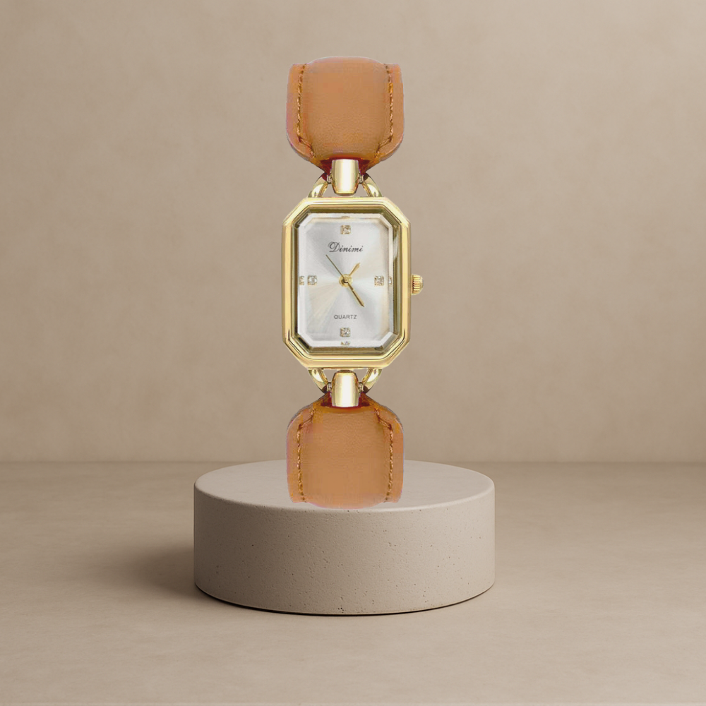 Elegant women's square disc watch with luxury leather strap
