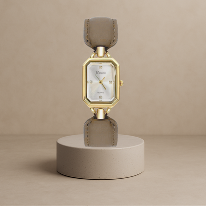 Elegant women's square disc watch with luxury leather strap