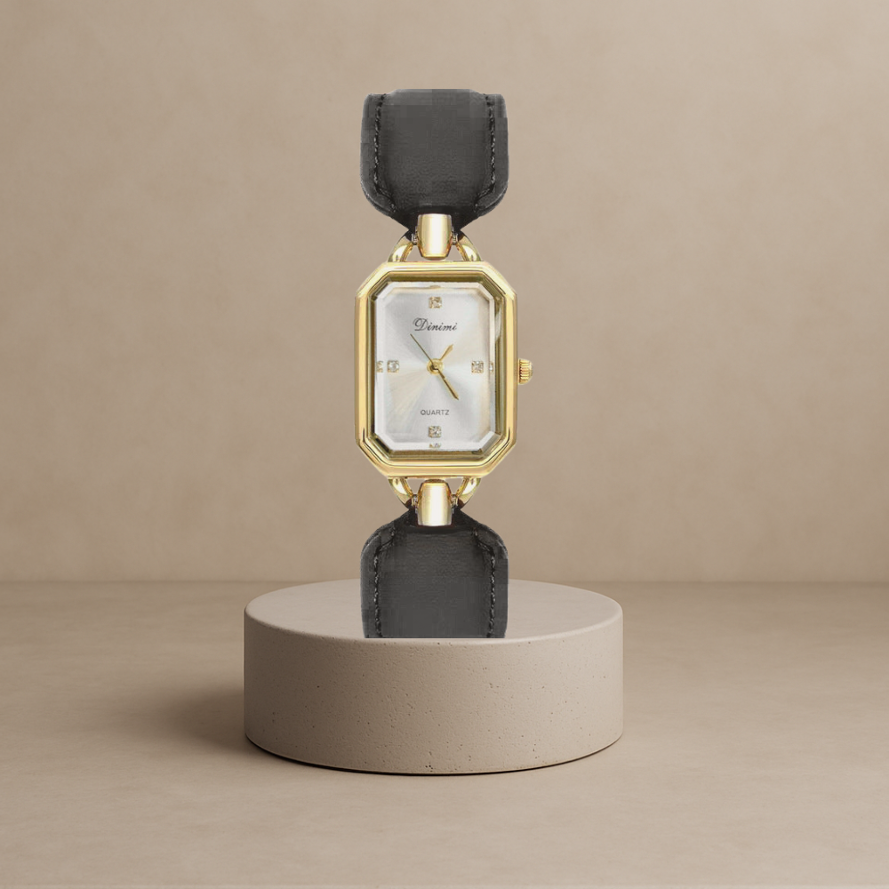 Elegant women's square disc watch with luxury leather strap
