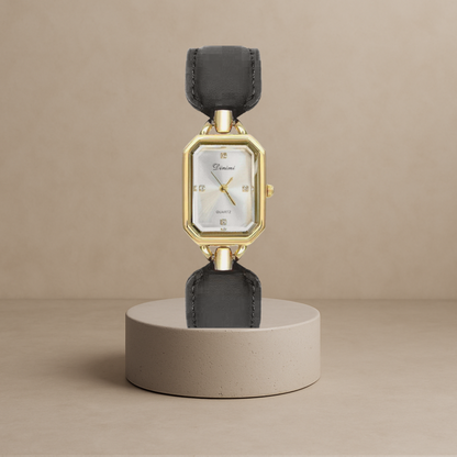 Elegant women's square disc watch with luxury leather strap
