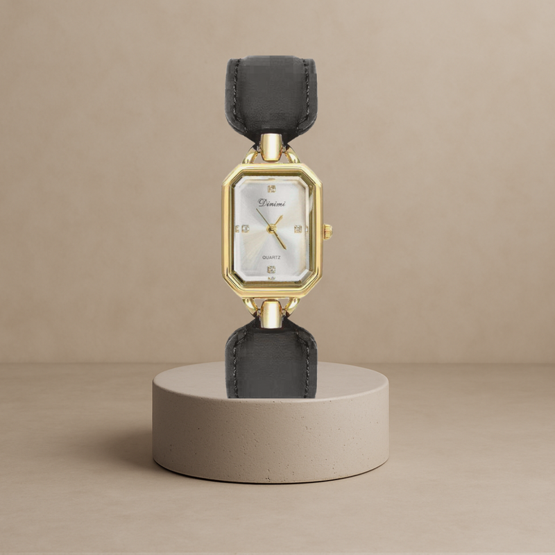 Elegant women's square disc watch with luxury leather strap