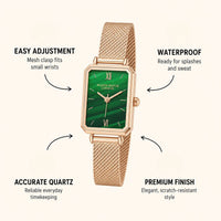 Green Rectangular Dial Gold Mesh Watch