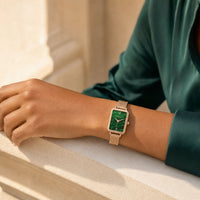 Green Rectangular Dial Gold Mesh Watch
