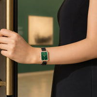 Charlotte Design rectangular green gold leather Watch