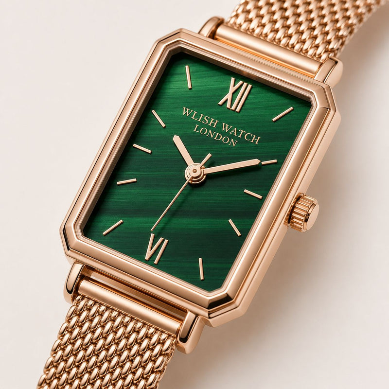 Green Rectangular Dial Gold Mesh Watch