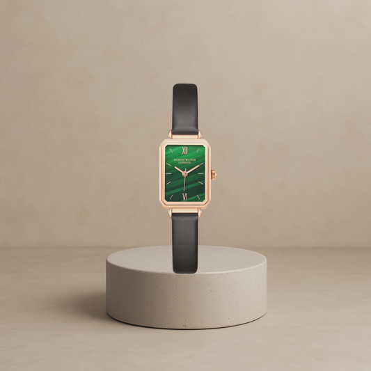 Charlotte Design women's watch with rectangular green-gold leather case