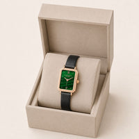 Charlotte Design rectangular green gold leather Watch