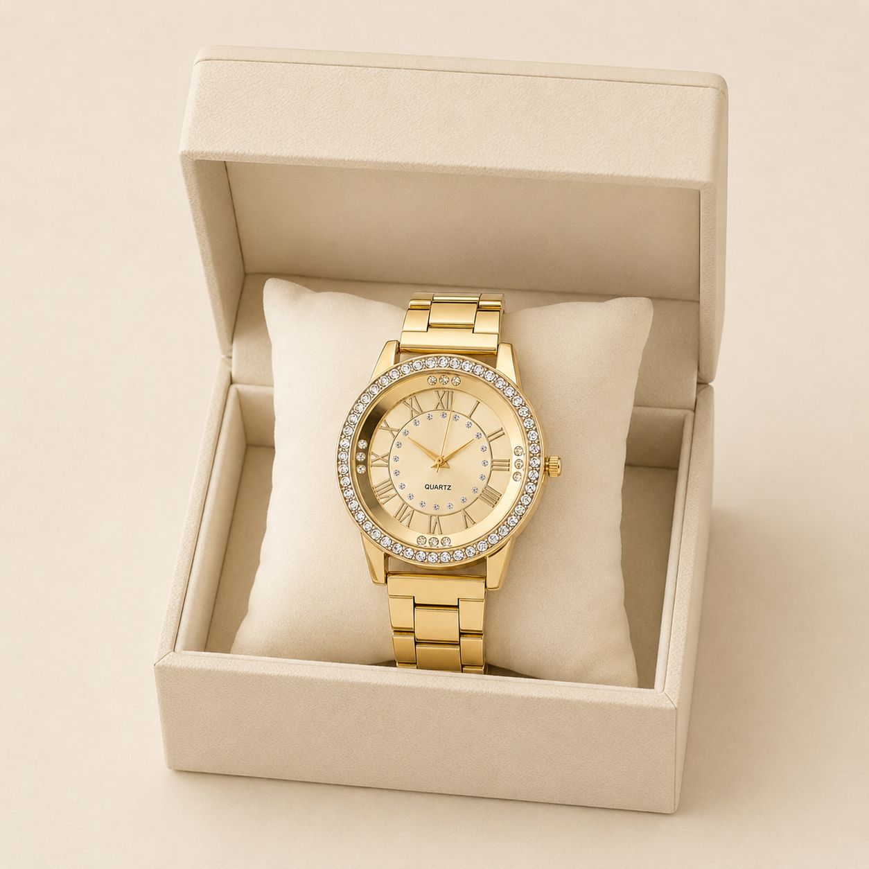 Crystal-Accented Gold Bracelet Watch