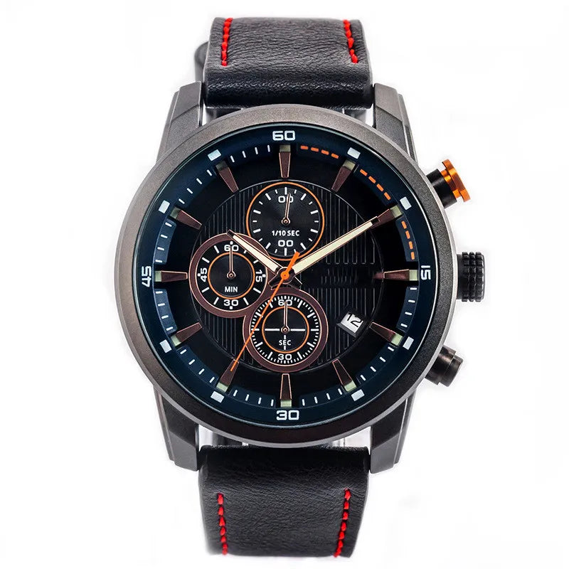 Luxury Men’s Multifunction Sports Watch with Genuine Leather Band & Quartz Movement