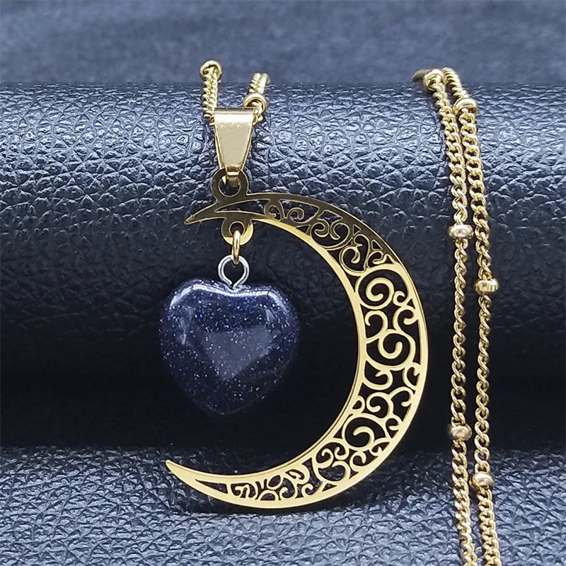Vintage Moon Heart Stone Necklace