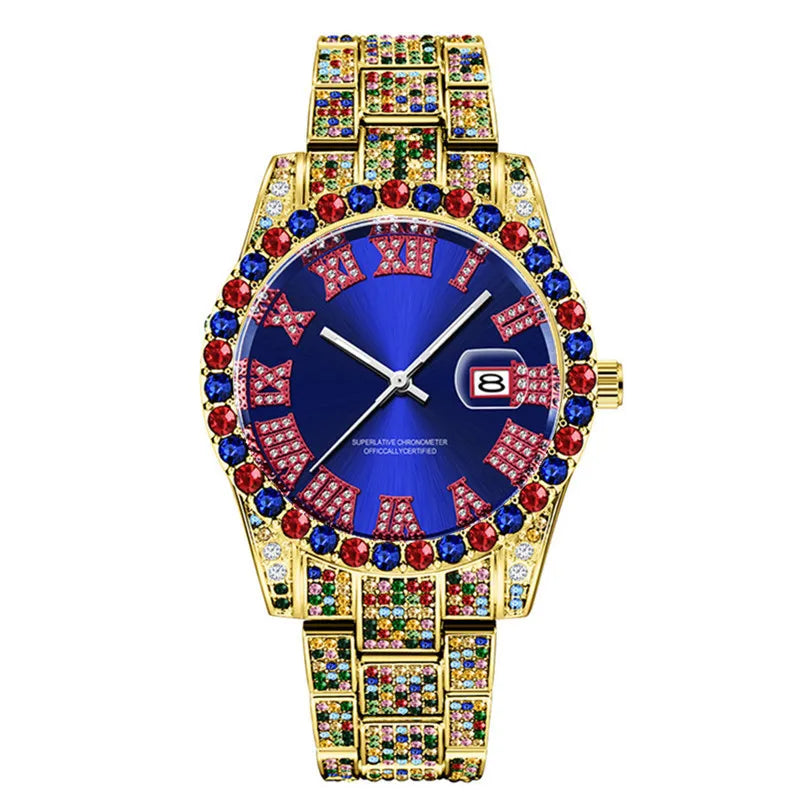 Gold Iced Out Watch Crystal Bezel & Bracelet Roman Numerals | 43mm