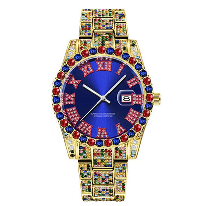 Gold Iced Out Watch Crystal Bezel & Bracelet Roman Numerals | 43mm