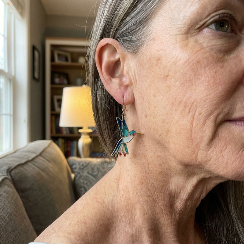 Vintage Blue Enamel Hummingbird Earrings